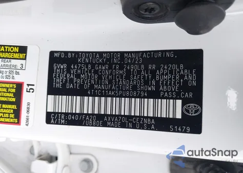 2023 Toyota Camry Le z USA, uszkodzony, nr VIN 4T1C11AK5PU808794